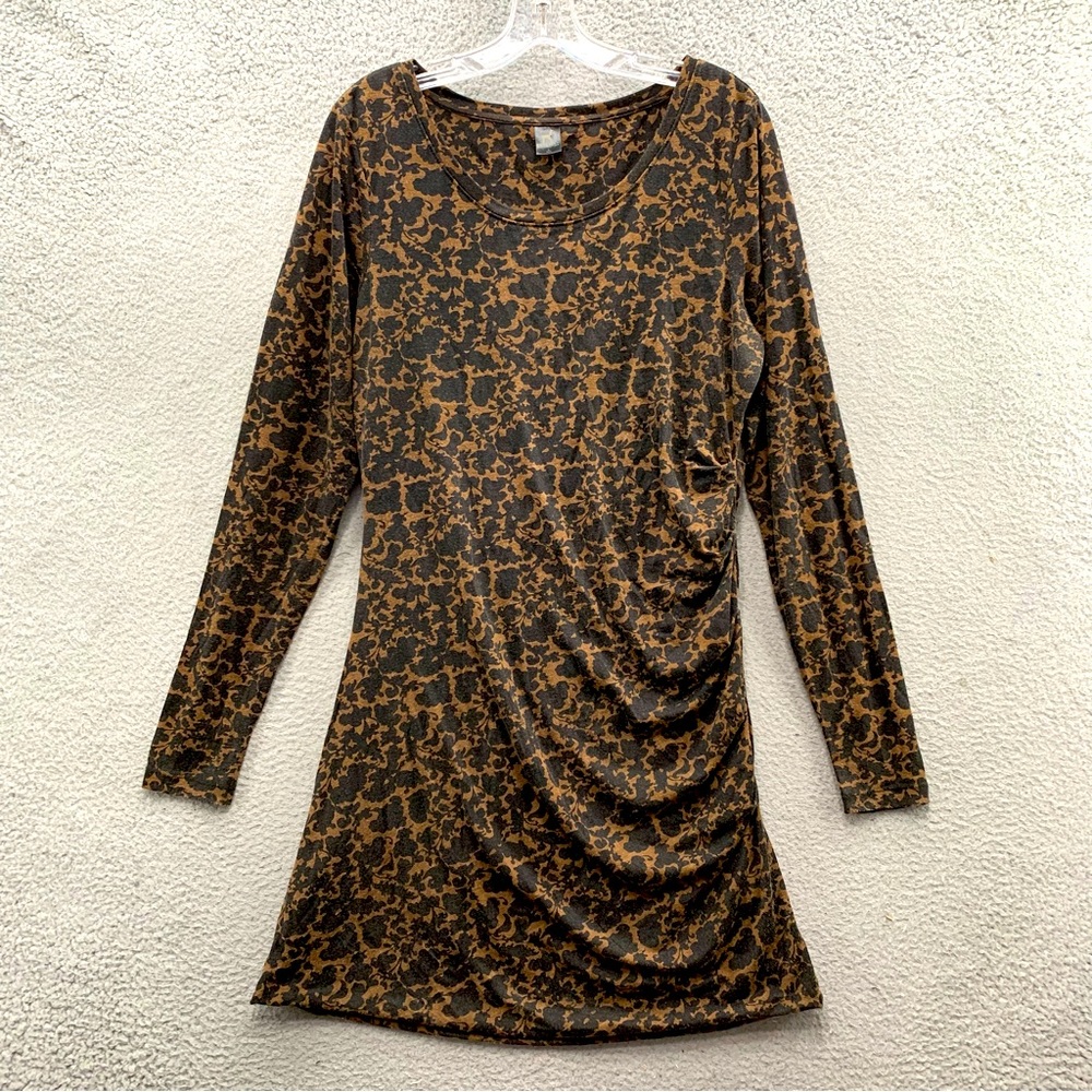 Peruvian Connection Cinched Draped Dress Size L Brown Gray Floral Modal Blend